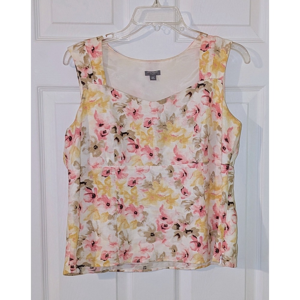 Ann Taylor Floral  Linen Blend‎ Tank Top Sleeveless Square Neck Pink Yellow 14 P
